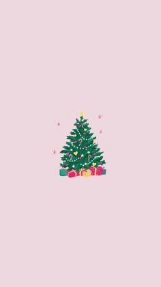 a small christmas tree with presents under it on a pink background, surrounded by stars and confetti