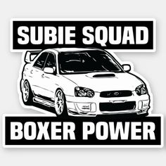 two stickers with the words subie squad and boxer power in black on white