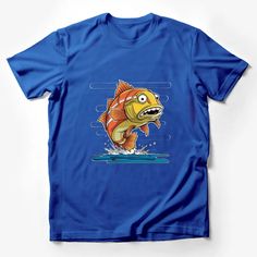 a blue t - shirt with an image of a fish jumping out of the water