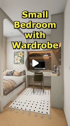 small bedroom with wardrobe and desk in the corner, next to bed area that has polka dot rug on it