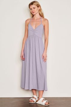 Sundry Tie Back Dress in Dark Lavender-full body view front Halter Neck Dress With Gathered Neckline For Date Night, Halter Neck Sundress With Gathered Neckline, Sundress With Gathered Neckline And Halter Neck, Sundress With Halter Neck And Gathered Neckline, Spring Halter Neck Dress With Gathered Neckline, Spring Backless Halter Dress With Fitted Bodice, Spring Halter Dress With Fitted Bodice And Backless Design, Elegant Beach Halter Dress With Gathered Neckline, Fitted Bodice Ruched Halter Dress