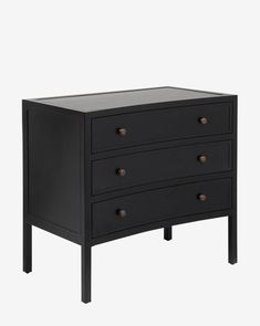 a black dresser with three drawers on one side and an open drawer on the other