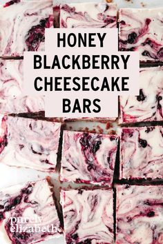 honey blackberry cheesecake bars cut into squares on a white surface with text overlay