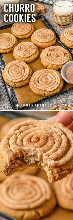 a close up of some cookies on a pan with the words churro cookies over it