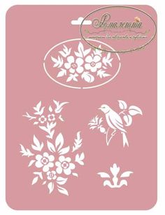 a pink card with white flowers and birds on it