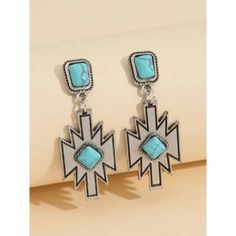 Trendy Captivating Silver Turquoise Aztec Boho Western Cross Earrings - Simulated Turquoise - Length: Approximately 2" - Width: Approximately 3/4" - Color: May Vary Due To Lighting During Photographing Big Statement Earrings, Turquoise Accents, Turquoise Cross, Arizona Turquoise, Western Jewelry, Cross Earrings, Beaded Dangle Earrings, Boho Stil, Turquoise Pendant