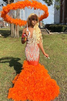 Beaded Illusion Plunge Orange Feather Designer Mermaid Dress #promdress #bestpromdress #promqueen #orangedress Orange Ball Dresses, Trumpet Prom Dress, Orange Prom Dresses, Prom Inspiration, One Shoulder Prom Dress, Princess Prom Dresses, Prom Decor, Gorgeous Prom Dresses, Senior Prom Dresses