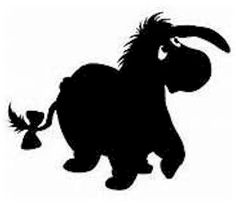 a black and white silhouette of a donkey with a bird on it's back