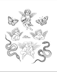 an ink drawing of angels and snakes