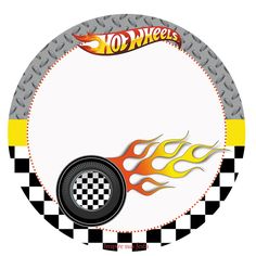 a hot wheels party plate with flames and checkered design on the front, black and white background