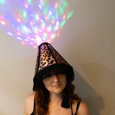 Leopard print LED lampshade hat by Meme cuisine Kind Meme, Lampshade Hat, Disco Ball Light, Led Costume, Edm Festival Outfit, Funny Costume, Novelty Hats, Rave Accessories, Costume Parties