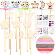 PRICES MAY VARY. Make Your Own Princess Wand Kit: the package comes with 56 pack,including36 pieces of fairy wands, available in 6 different shapes, such as moon, star, heart, crown, flower and butterfly shape, 18 sheets of gem stickers, come in different styles and colors, 2 pack (40 pieces) of colorful ribbons, enough quantity and beautiful styles can meet your needs to design your own favorite fairy wand at the activities Let Your Little Princess Experience a Variety of Fun: this princess wan Scratch Paper Art, Gem Stickers, Magical Wand, Wooden Fairy, Moon Butterfly, Princess Wands, Wooden Wand, Diy Wand, Princess Fairy