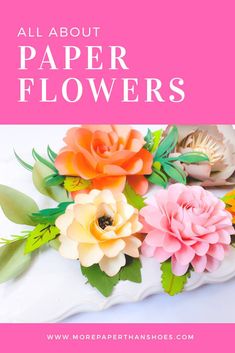 paper flowers with text overlay that says all about paper flowers in pink and orange