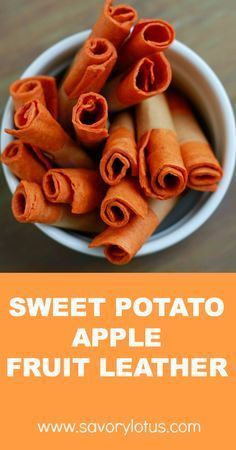 sweet potato apple fruit leather in a white bowl on a wooden table with text overlay