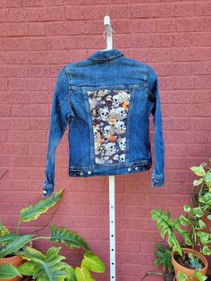 Women's Denim Jacket size XS .  Please see photo's for measurements. Restyled with patches of rescued textiles. 🧺 CARE INSTRUCTIONS 🧺 To keep the jacket in beautiful condition, please Machine wash in COLD, tumble dry or lie flat to dry. 📬 Ships from my home studio in Center Valley, PA, via USPS with tracking. ✨ I am not responsible for packages once they have been scanned in at the Post Office. I have no control over USPS shipping delays, losses, or damages. I do not refund or replace for USPS issues. Recycled Denim Jacket With Relaxed Fit For Fall, Recycled Denim Relaxed Fit Jacket For Fall, Fitted Distressed Cotton Outerwear, Fitted Distressed Denim Jacket For Fall, Fitted Dark Wash Denim Jacket For Fall, Fall Outerwear In Recycled Denim With Patches, Dark Wash Denim Jacket With Patches For Fall, Relaxed Fit Recycled Denim Jacket For Fall, Distressed Recycled Denim Jacket For Fall