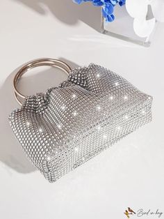 BirdinBag - Elegant Dual Handle Mini Evening Bag adorned with Rhinestones Glamorous Silver Bag With Detachable Handle, Silver Handheld Bag With Bling, Silver Bling Handheld Bag, Silver Rhinestone Pouch Bag, Top Handle Rhinestones Event Bag, Rhinestone Top Handle Bag For Events, Silver Rhinestone Shoulder Evening Bag, Silver Clutch Bag With Bling, Silver Rectangular Bags With Bling