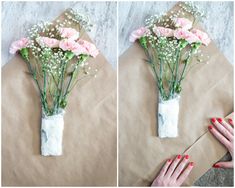 two pictures of flowers in a vase on top of a piece of brown paper with white and pink flowers