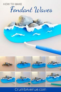 how to make fondant waves with rocks and icebergs in the ocean for kids