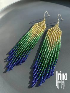 Beaded earrings Gold Gradient seed bead earrings Blue Tassel earrings Green Long Fringe Indian Dangle Bohemian Boho earrings Pastel earrings Dangle Beads With Beaded Fringe For Jewelry Making, Beads With Beaded Fringe For Jewelry Making, Multicolor Long Drop Beaded Earrings With Fringe, Multicolor Long Drop Fringe Earrings, Rainbow Fringe Dangle Earrings, Adjustable Green Fringe Beaded Earrings, Traditional Multicolor Fringe Earrings, Blue Tassel Earrings, Gold Gradient