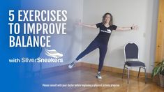 a woman standing in front of a chair with her arms spread out and the words 5 exercises to improve balance