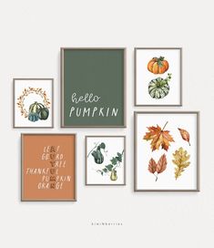 a bunch of pictures hanging on the wall with pumpkins and leaves around them in different colors