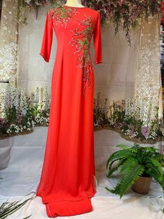 Brand New High Quality Vietnamese Ao Dai with Matching Pants.  Free Fast Priority shipping (1-3 days delivery) via USPS. SizeBust/ChestWaist M     34IN/86cm   28in/71cm L35in/89cm30in/76cm XL36in/91cm31in/79cm 2XL38in/97cm34in/86cm 3XL40in/102cm36in/91cm Ao Dai Length is 56in Pants Length is 44in   Please note:  Almost all Ao Dai have some sewing Chalk Marks because these are Brand New, unwashed Ao Dai.  Gently hand wash the areas will remove the marks. Thank you, aodaithuyanh.etsy.com Return an Ao Dai Vietnamese, Dress With Beads, Punjabi Outfits, Headband Men, Fitted Suit, Matching Pants, Dress Clothes For Women, Double Layer, Headpiece