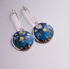 Sterling silver earrings with hot cloisonne enamel. Handmade work. The earrings based on the painting by Van Gogh "Starlight Night". GEORGIAN CLOISONNE ENAMEL MINANQARI Workshop of silver jewelry with a soul. Masters create works in the technique of hot cloisonne enamel.  Our workshop has been working for 5 years to create exclusive handmade jewelry. Here you can buy silver rings, earrings, pendants, made by best masters of sunny Georgia. This technology is already 1200 years old, and today our Painted Enamel Jewelry, Enamel Earrings With Artistic Design For Gift, Handmade Sterling Silver Jewelry For Artistic Expression, Silver Earrings With Black Enamel As A Gift, Hand Painted Sterling Silver Jewelry For Art Collection, Silver Painted Drop Earrings, Artsy Enamel Earrings As Gift, Artistic Enamel Jewelry With Matching Earrings, Artsy Hand Painted Silver Earrings