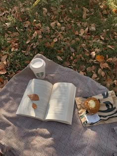 an open book on a blanket with a cup of coffee next to it and some leaves