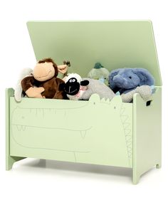 there are stuffed animals in the green toy box