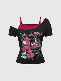 Plus Size Women's Simple Printed Open Shoulder Short Sleeve T-Shirt Black   Short Sleeve Knitted Fabric   Medium Stretch  Women Plus Clothing, size features are:Bust: ,Length: ,Sleeve Length: Rhinestone Shirts Y2k, Emo Shirt Designs, Scene Shirts, Emo Shirt, Scene Shirt, Emo Shirts, One Shoulder Shirt, Punk Woman, Asymmetrical Collar