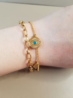 gold silver stainless steel evil eye bracelet, turquoise eyes bracelet, Nazar Bracelet, gift, Jewelry, double layer chain bracelet stainless steel bracelet 316L non tarnish and waterproof hypoallergenic A stylish and stylish bracelet that you can present to your loved ones. You can always write for information and questions. Trendy Gold Evil Eye Bracelet Gift, Trendy Everyday Evil Eye Jewelry, Trendy Gold Bracelets With Evil Eye, Metal Bracelet With Delicate Chain, Dainty Stainless Steel Bracelet With Adjustable Chain, Trendy Turquoise Metal Bracelets, Turquoise Metal Charm Bracelet As Gift, Metal Evil Eye Bracelet As Gift, Gold Metal Evil Eye Bracelet As Gift