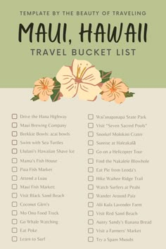 a travel checklist with flowers on it and the words mau, hawaii