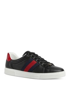 Gucci Men's Gucci Ace Leather Sneakers Classic Gucci Sneakers With Embossed Logo, Black Sneakers With Embroidered Logo, Designer Black Sneakers With Logo Plaque, Gucci Designer Formal Sneakers, Gucci Designer Sneakers For Formal Occasions, Black Luxury Gucci Sneakers, Luxury Black Gucci Sneakers, Luxury Black Sneakers With Embroidered Logo, Gucci Black Leather Sneakers