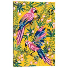 two colorful parrots on yellow background with pink flowers and green leaves canvas wall art print