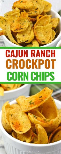 two pictures with different types of corn chips in them and the words cajun ranch crockpot corn chips