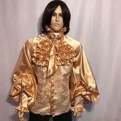 Fall Satin Top With Ruffles, Fall Satin Ruffled Tops, Fall Satin Ruffle Tops, Formal Shirt With Ruffles, Classic Formal Shirt With Ruffles, Fitted Ruffles Blouse For Costume, Fitted Ruffle Blouse For Costume, Elegant Ruffled Shirt For Party, Formal Satin Blouse With Ruffles