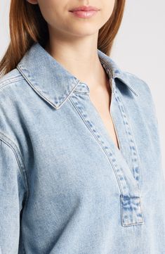 Keep the look and feel low-key in this popover shirt made from cotton-and-lyocell denim for maximum lightweight comfort. 28" length (size Medium) Spread collar V-neck Long sleeves with button cuffs Curved hem 55% cotton, 45% lyocell Machine wash, tumble dry Imported Popover Shirt, Low Key, Nordstrom, Long Sleeves, Size Medium, Key, V Neck, Collar, Long Sleeve