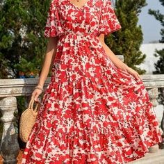 BellanBlue | Dresses | Bohemian Red Floral Print Butterfly Sleeve Maxi Dress | Poshmark Maxi Dress Coverup, Retro Vintage Christmas, Boutique Maxi Dresses, Preppy Prom, Kimono Maxi Dress, Print Butterfly, Floral Ruffle Dress, Summer Wedding Guest, Coachella Dress