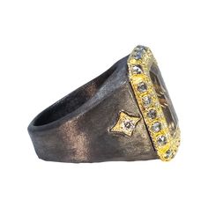 Ring 18k Yellow Gold and Grey Sterling Silver One of Kind With 0.79 CT White Diamonds and Quartz with Rutile Signet Ring, Diamond White, Yellow Gold, Yellow, Sterling Silver, Silver, Gold