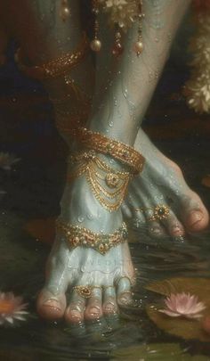 a painting of a barefoot woman's feet in water with jewelry on her ankles