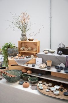 pottery is displayed on display in an art gallery, including vases and bowls with plants