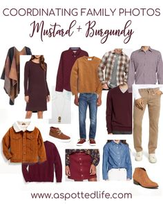 several different types of clothing for men and women with text overlay that reads coordinating family photos, must be burgundy