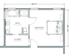 the floor plan for a bedroom and bathroom in one room, with an attached closet