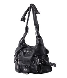 a black handbag with two straps hanging from it's shoulder and zippers on the side