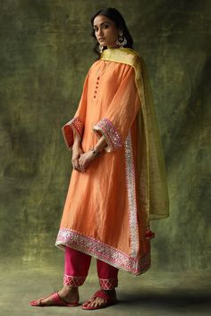 Shop for these amazing collections of Orange : Chanderi Silk Embroidery Gota V Neck Dia Set For Women by Begum Pret online at Aza Fashions. Traditional Attires, Salwar Kamiz, Silk Kurta, Boutique Dress Designs, Organza Dupatta, Orange Fabric, Embroidery Suits, Boutique Fashion, Designer Dresses Indian