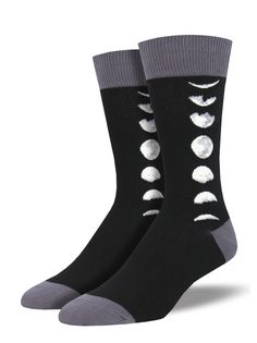 If you’re finding your sock drawer a little uninspiring lately, let’s hope it’s just a phase. Don’t worry, you’ve come to right place to perk up your footwear. Take these moon socks out on a moonlit walk. Whether it’s under a waning gibbous, a waxing crescent, or even a full moon, these lunar socks make a perfect satellite to your outfit. Moon Socks, Sock Drawer, Purple Leopard, Mens Crew Socks, Black Socks, Novelty Socks, Sock Gifts, Cool Socks, Men Shoes Size