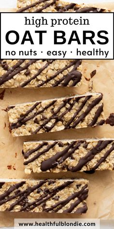 chocolate covered oat bars on parchment paper with text overlay that reads high protein oat bars no nuts easy healthy