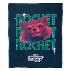 a blanket with the words rocket rocket and a red panda bear on it's face