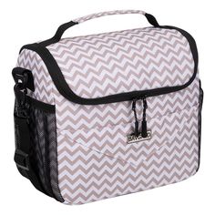 a white and gray lunch bag with black handles