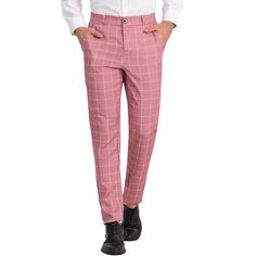 The stylish and distinctive plaid design of these slim-fitting dress trousers will make you stand out from the crowd. The plaid design is timeless. These plaid pants are easy to match and can be worn with shirts and shoes to create a casual business style. They are suitable for offices, weddings, dates, gatherings, parties, and other occasions. There are numerous colors for you to choose. Fitted Plaid Pants For Business Casual, Plaid Dress Pants Outfit Men, Fitted Plaid Pants With Welt Pockets, Plaid Dress Pants Men, Slim Fit Formal Trousers, High Waisted Plaid Pants Men, Men’s Plaid Dress Pants Outfits, Mens Plaid Dress Pants, Plaid Flats